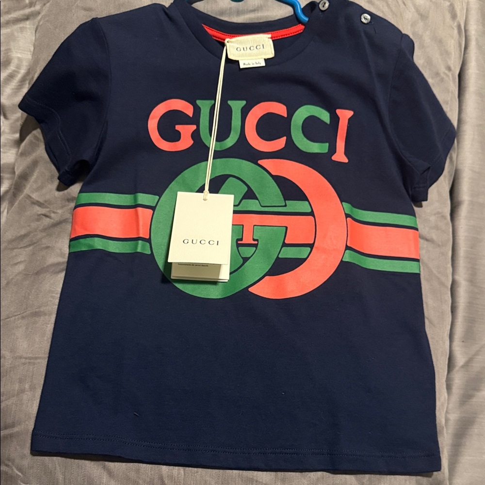 Gucci Kids Navy Tee with Red and Green Logo